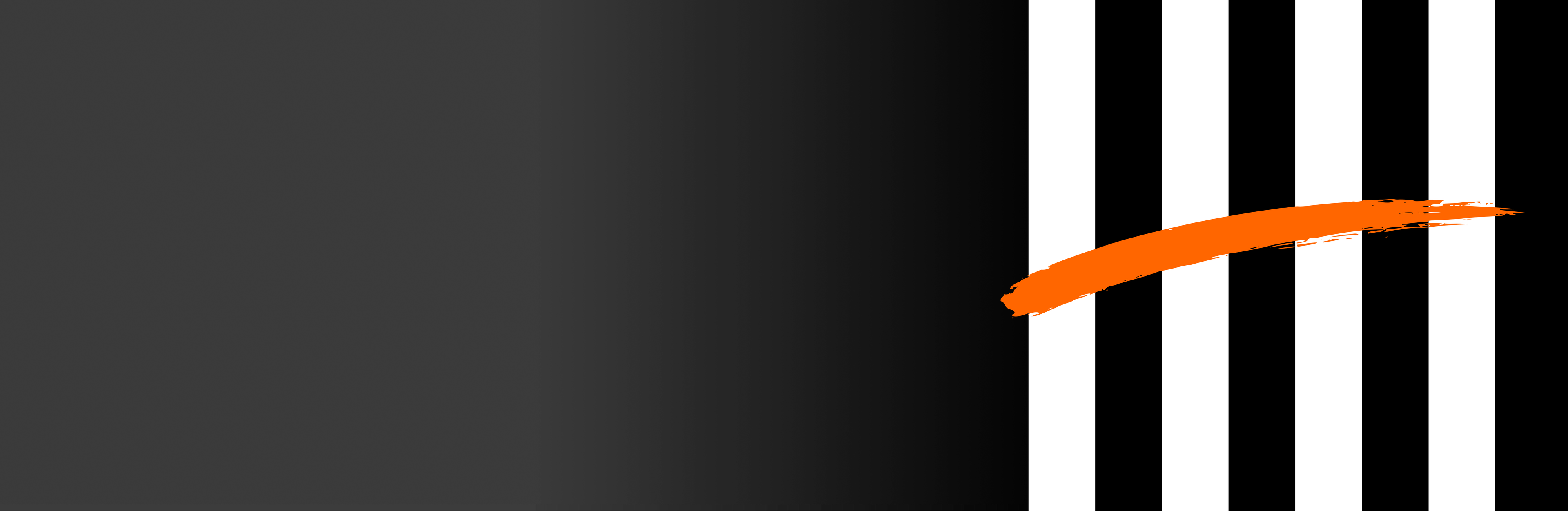 A graphic design featuring a black-to-gray gradient on the left, white vertical stripes on the right, and a textured orange brushstroke sweeping across the center-right area.